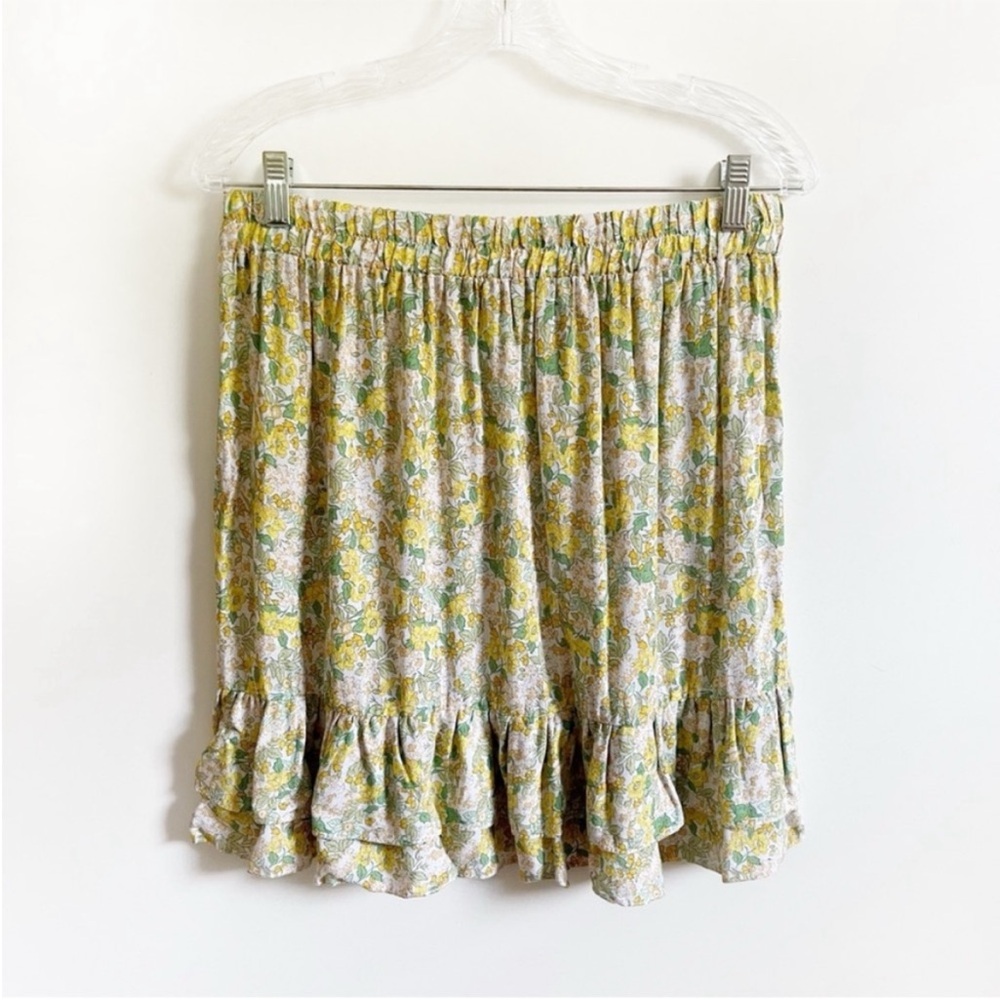 Rachel Zoe skirt yellow green floral mini ruffle stretch flow